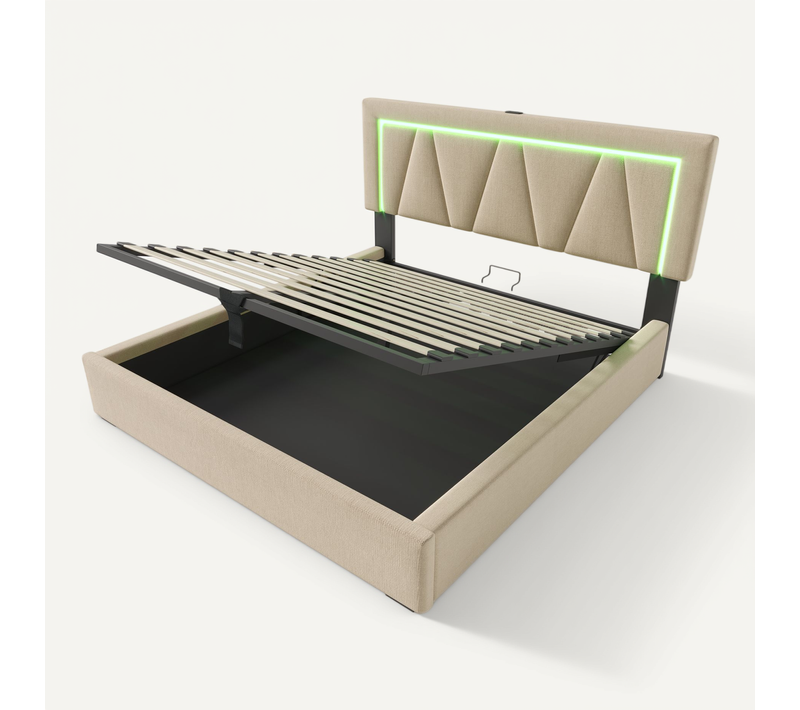 Lit Capitonné LED Double - 140x200 - Charge USB Type C - Rangement Tissu Lin