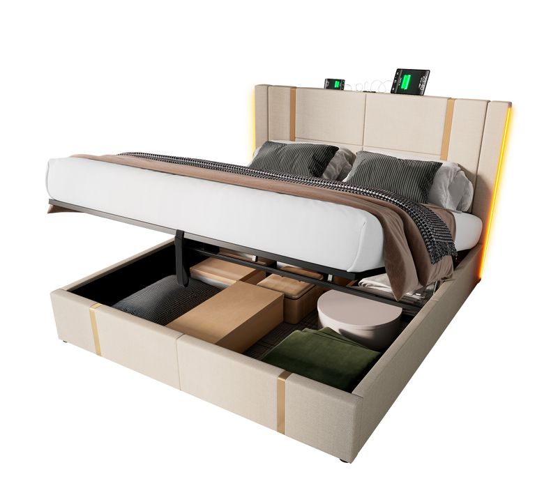 Lit Double Capitonné 140 X 200cm-fonction De Chargement USB Type C-éclairage LED-beige