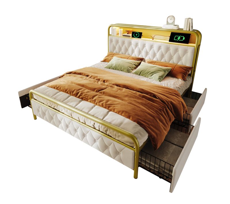 Lit Capitonné Double - Velours Blanc - USB Type C - LED - 160x200 Cm - 4 Tiroirs