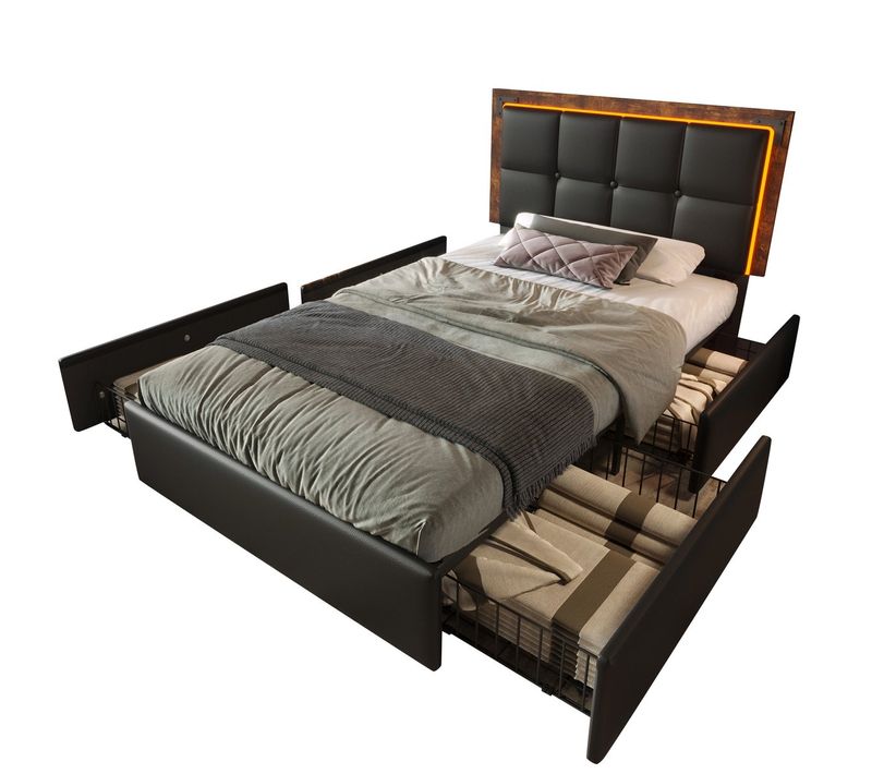 Cadre De Lit LED - 90x200cm - 4 Tiroirs - Tête Réglable - Pu Noir