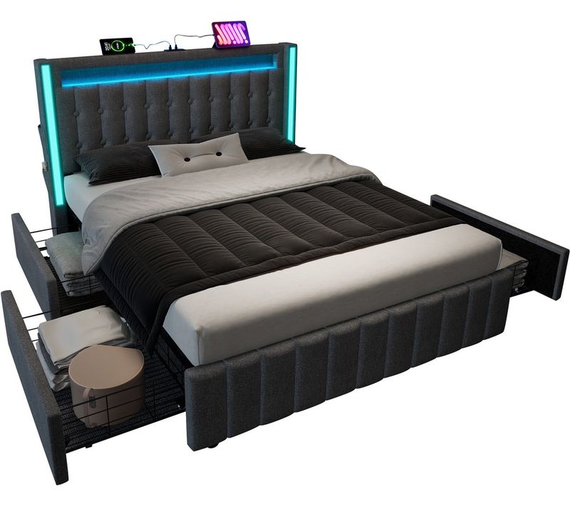 Lit Double Junior - Gris - USB Type C - LED - 4 Tiroirs - 140x200cm