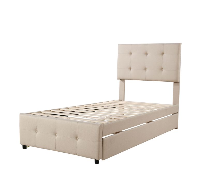 Lit Gigogne 90x200 Cm - Tête Réglable, Revêtement Lin Doux, Simple Et Plat - Beige