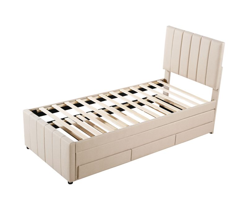 Lit Gigogne 90x200 Cm - Avec Tiroirs, Revêtement Lin Doux, Rangement, Simple - Beige