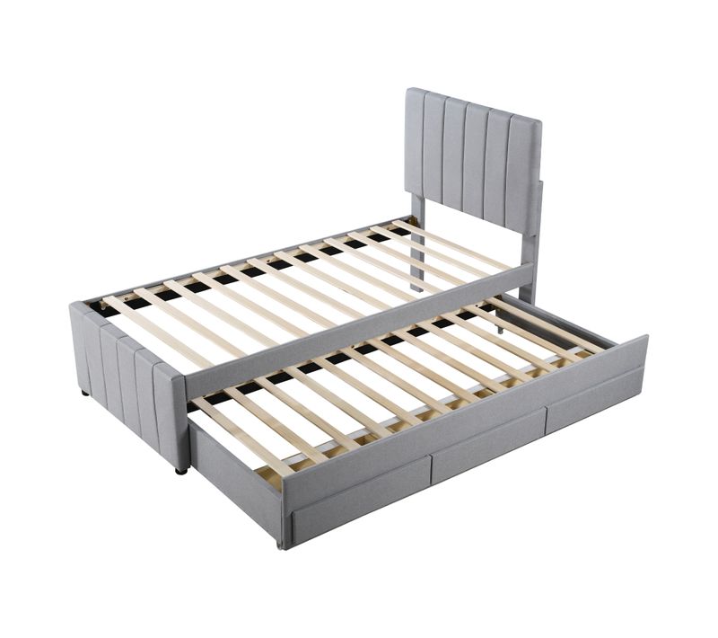 Lit Gigogne 90x200 Cm - Avec Tiroirs, Revêtement Lin Doux, Rangement, Simple - Gris