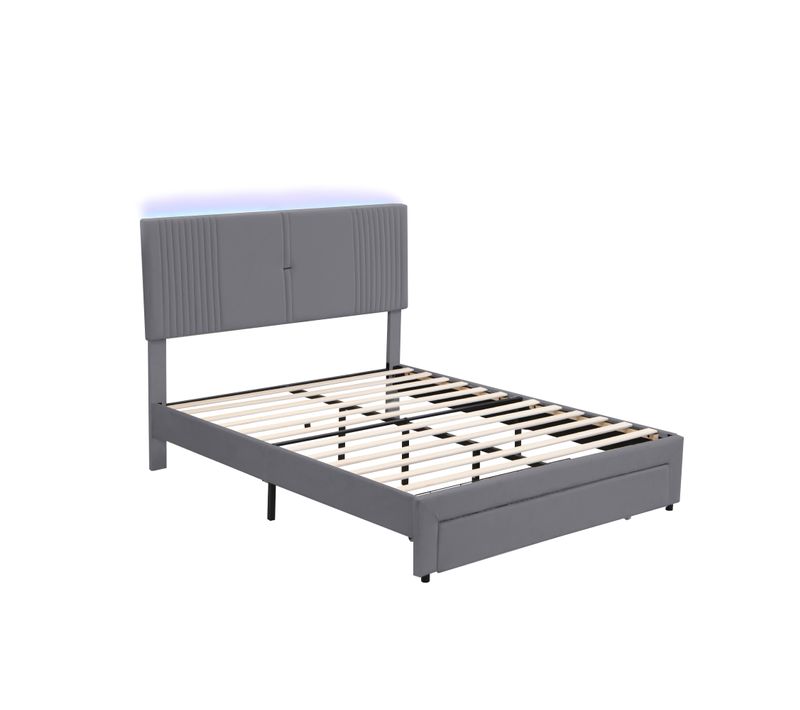 Lit Double 140x200 Cm - Velours, Bande LED Et USB, Dossier, Grand Tiroir - Gris