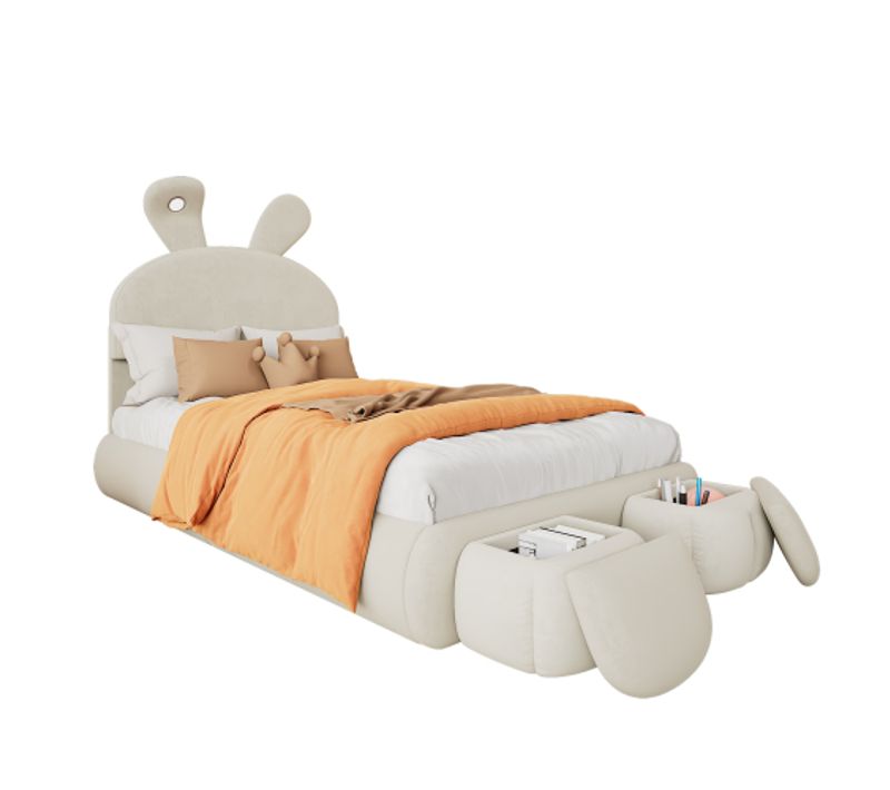 Lit Double 90 X 200 Cm-avec Bandes Lumineuses-avec Deux Tabourets De Rangement-velours-beige