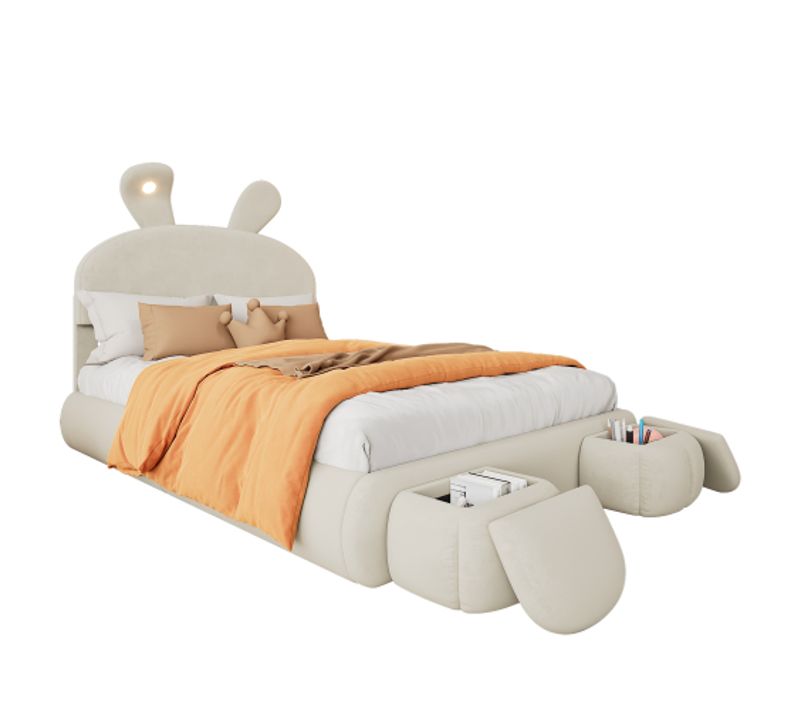 Lit Double 140 X 200 Cm-lit Hydraulique-avec Bandes Lumineuses-espace De Rangement-velours-beige