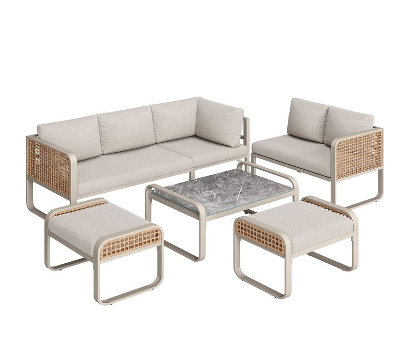 Salon De Jardin 6-7 Places - Rotin, Structure Acier, Pieds Réglables, Coussins Inclus -Beige