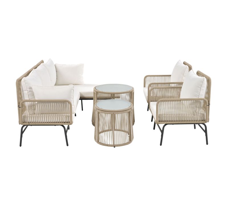 Salon Jardin Beige - 2 Fauteuils + 2 Canapés 2 Places + 2 Tables, Coussins Inclus
