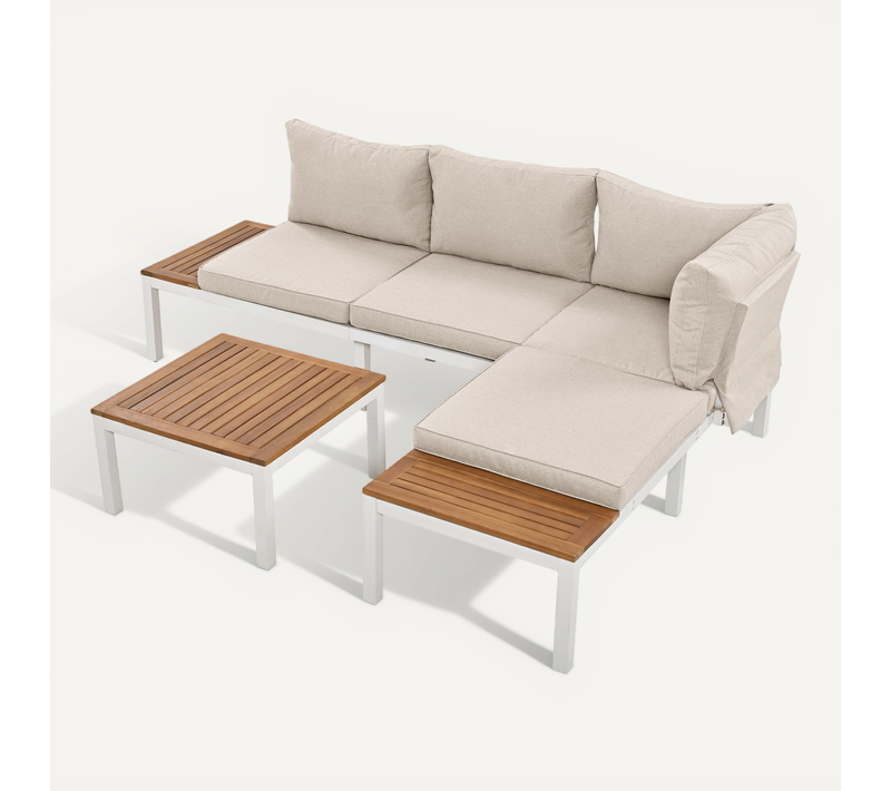 Ensemble Salon De Jardin  - Acier Galvanisé, Plateau Acacia, 2 Canapés + Tables - Beige