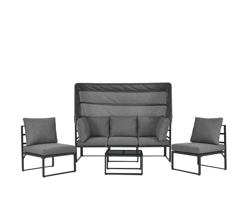 Salon De Jardin 4 Pièces - Banc + Table à Parasol, Résistant Intempéries, Gris