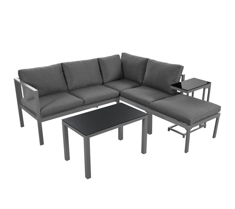 Salon De Jardin 5 Pièces - Table Basse + Table Auxiliaire, Coussins Inclus, Gris