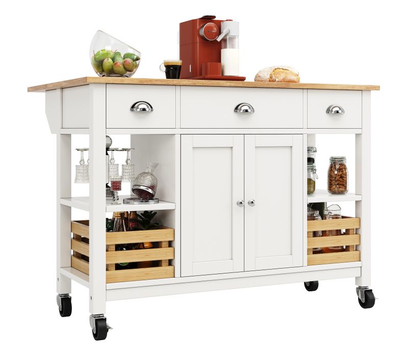 Îlot De Cuisine - Blanc - Plateau Réglable - Roues Pivotantes - Rangement Flexible