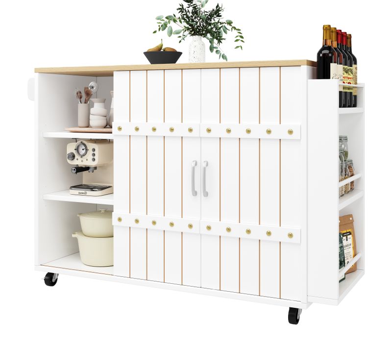 Chariot De Cuisine - Blanc - Portes Coulissantes - Roues - Étagère à Épices