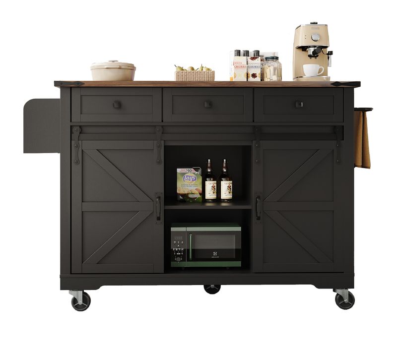 Chariot De Cuisine - Noir - Plateau Pliable - 3 Tiroirs - 2 Portes Coulissantes