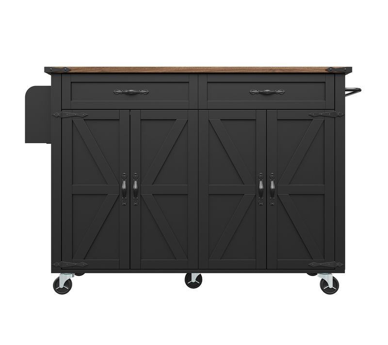 Îlot De Cuisine - Noir - Plateau Extensible - Roulettes Pivotantes - 2 Placards, 2 Tiroirs