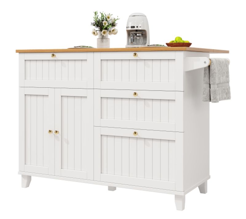 Îlot De Cuisine - Blanc - Design Scandinave - Rangement Multifonction - Roulettes