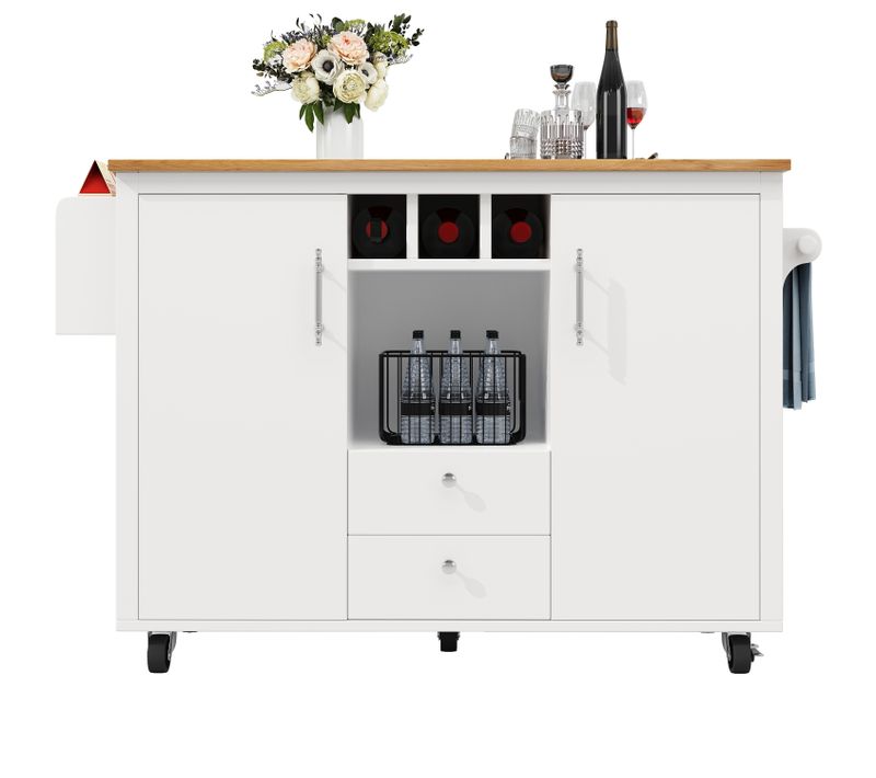 Îlot De Cuisine - Blanc/noir - Mobile - Plan De Travail Rabattable - Rangement Polyvalent