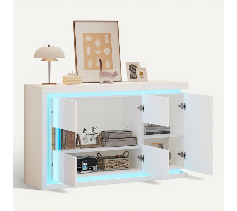 Buffet H84 Cm-meuble à 4 Compartiments-avec Éclairage LED-avec Portes En Verre Trempé-blanc