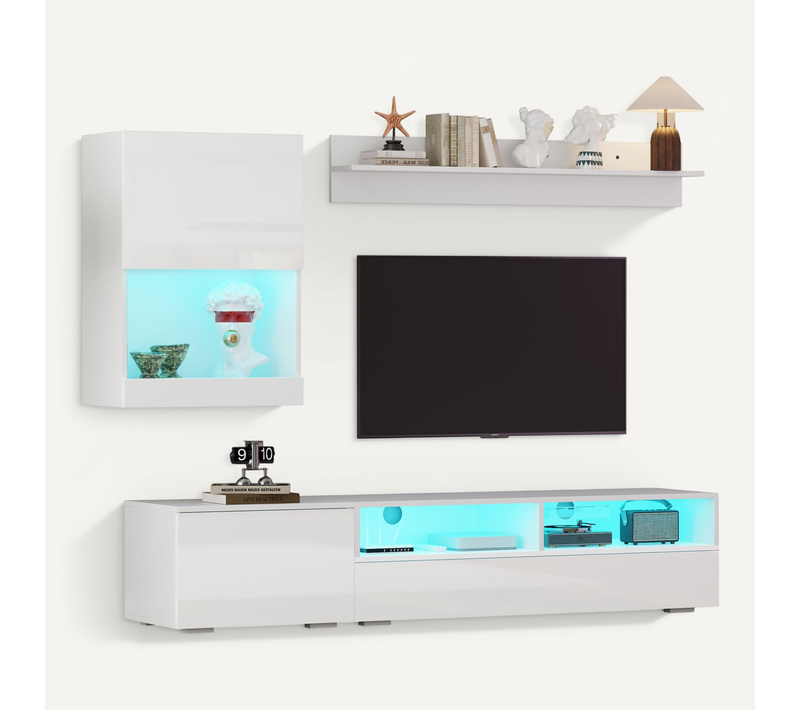 Ensemble Meuble TV Mural-pour Téléviseurs Jusqu'à 80 Pouces-mur TV Avec Éclairage LED-blanc.