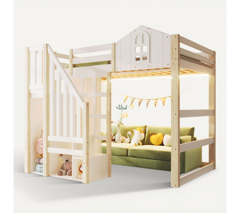 Lit Mezzanine 140x200 Cm-avec Éclairage LED-échelle De Rangement-fenêtre-blanc Et Naturel