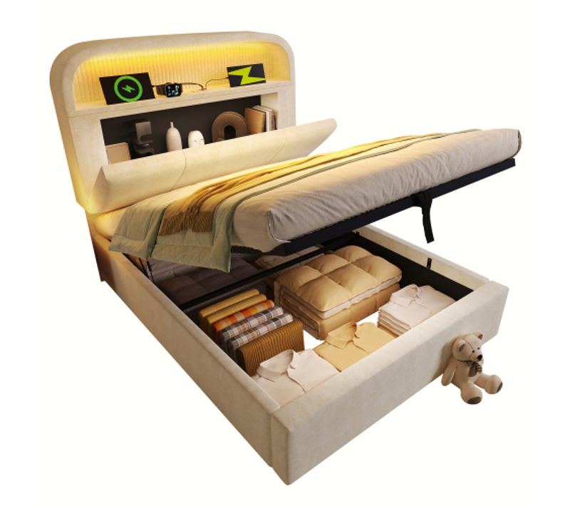 Lit Simple 90x200cm-sommier Hydraulique-avec Éclairage LED-usb/type-c-Velours-Beige