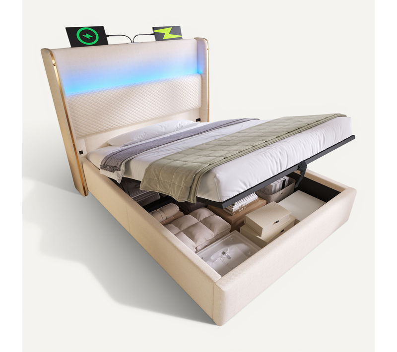Lit Hydraulique-lit Simple 90x200cm Avec Éclairage LED-espace De Rangement Et Ports USB/type-c-beige