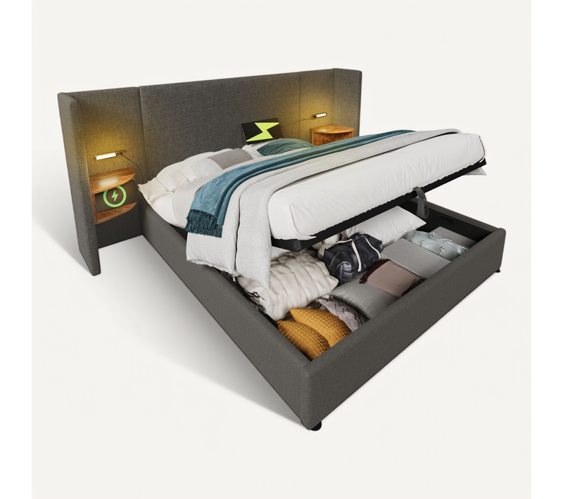 Lit Double 180x200cm-lampe De Lecture-port USB Type-c-système Hydrauliquecadre-en Lin-gris