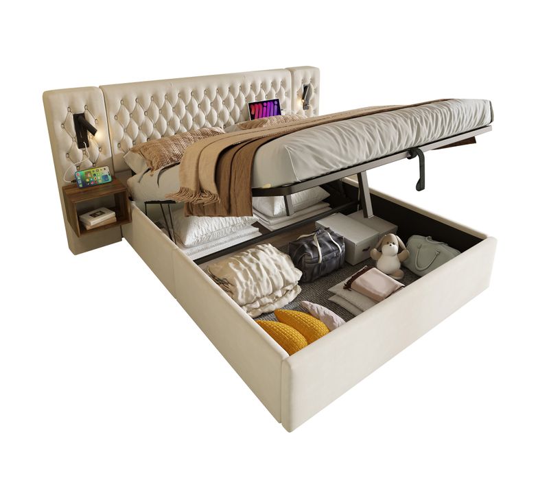 Lit Double 160x200cm-avec Rangement Hydraulique-tables De Chevet Intégrées-en Velours-beige