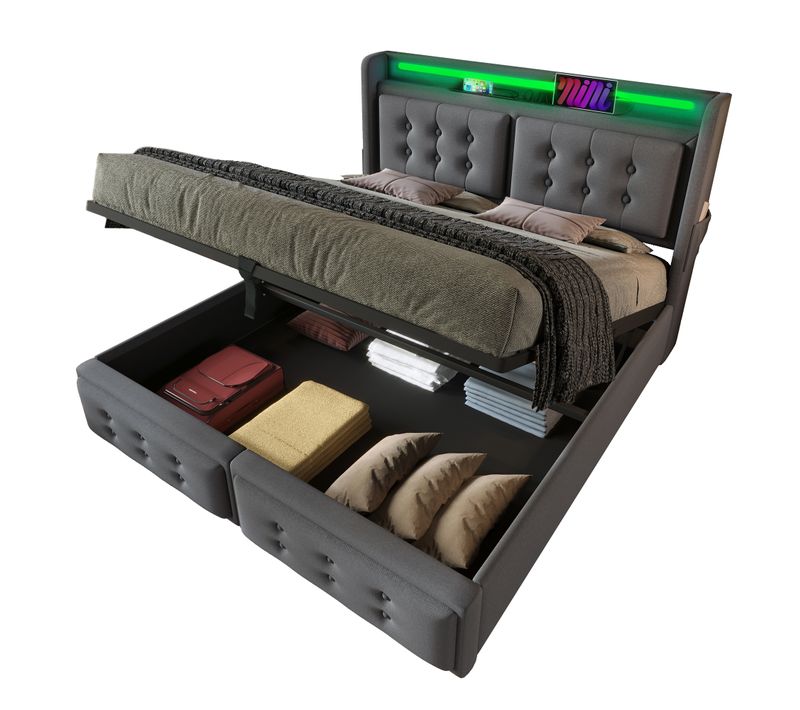 Lit Simple 160x200cm-avec Tête De Lit LED Et Port USB-c-avec Rangement Hydraulique-en Bois-gris