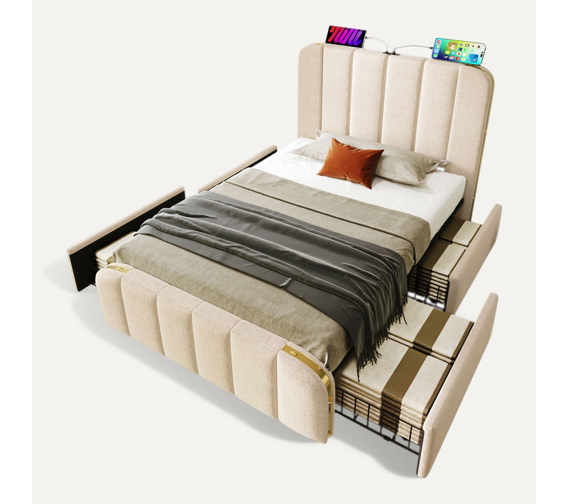Lit Simple 90x200 Cm-lit Rembourrée-port USB Type-c-avec 4 Tiroirs-en Lin-beige