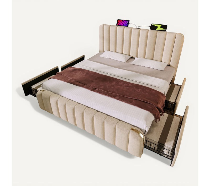 Lit Simple 160x200 Cm-lit Rembourrée-port USB Type-c-avec 4 Tiroirs-en Lin-beige
