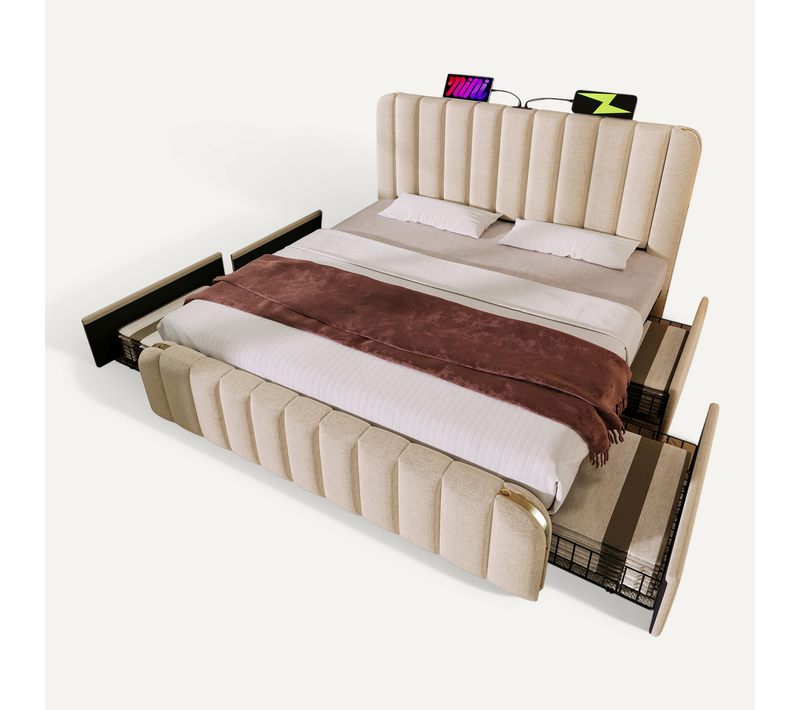 Lit Simple 180x200 Cm-lit Rembourrée-port USB Type-c-avec 4 Tiroirs-en Lin-beige