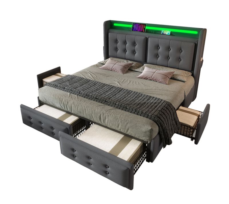 Lit Rembourré 180x200 Cm-lit Double Avec Tête De Lit LED-port USB-c Et 4 Tiroirs De Rangement-gris