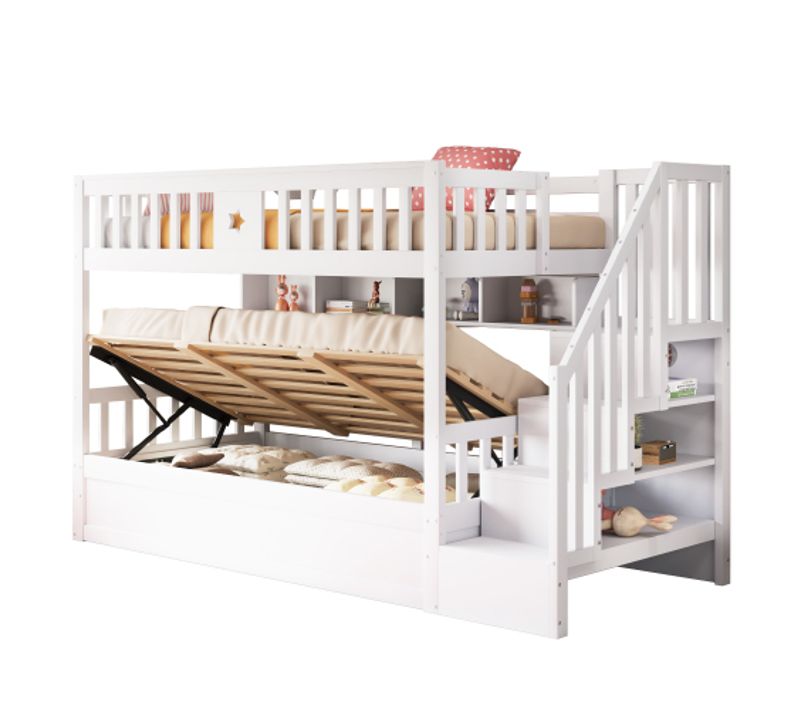 Lit Superposé Enfant 90x200 Cm- Rangement Hydraulique-escalier De Rangement-en Bois-blanc