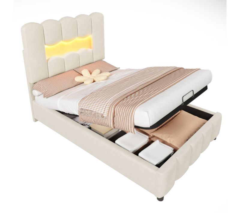 Lit Simple 90 X 200 Cm-lit Enfant-séclairage LED- Mécanisme Hydraulique-en Velours-Beige