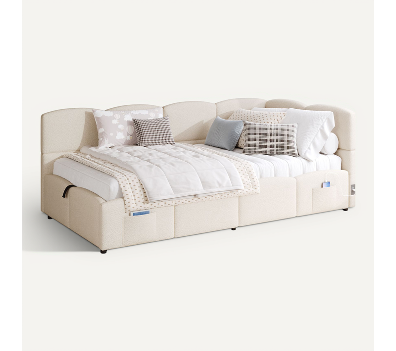 Lit Simple Canapé Lit 90x200cm Lit Enfant Lit Coffre Recharge USB Relevage Hydraulique Velours Beige