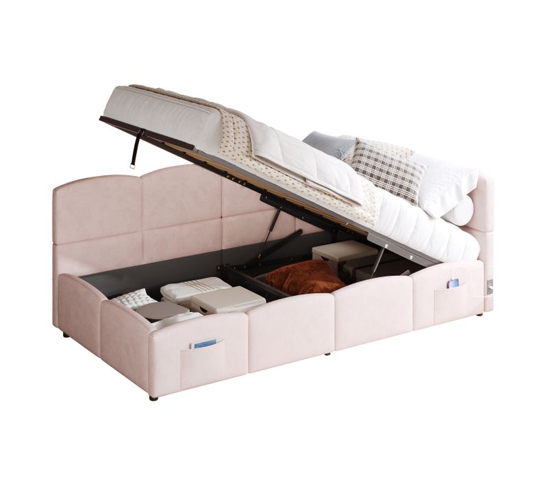 Lit Simple Canapé Lit 90x200cm Lit Enfant Lit Coffre Recharge USB Relevage Hydraulique Velours Rose