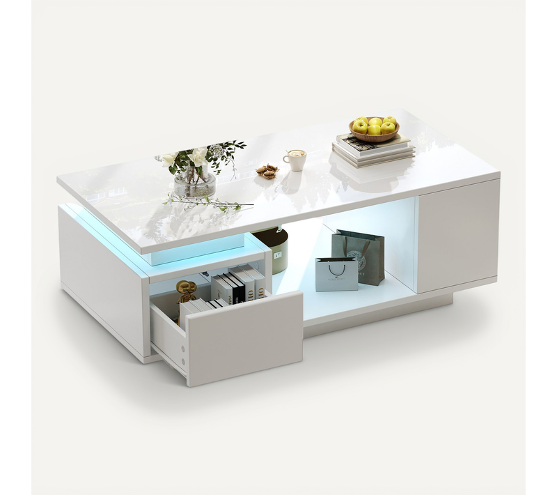Table Basse Moderne LED 100x50x36cm 1 Tiroir 4 Compartiments Rangement Canapé Table Blanc Brillant