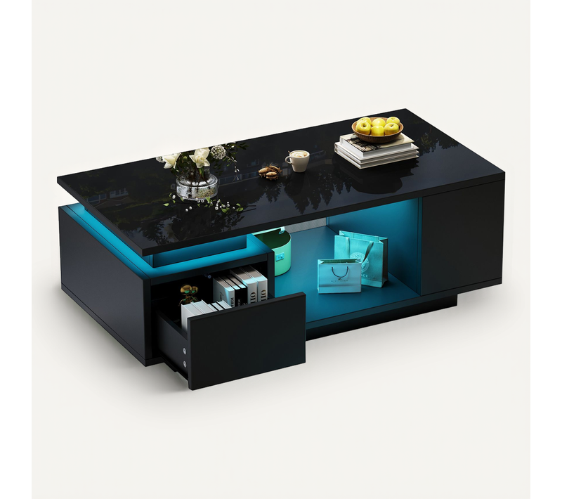 Table Basse Moderne LED 100x50x36cm 1 Tiroir 4 Compartiments Rangement Canapé Table Noir Brillant