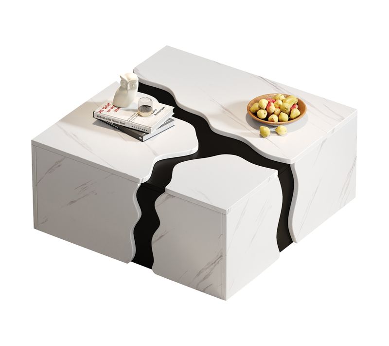 Table Basse Moderne Carrée 70x70x31cm 1 Grand Tiroir Placage Marbre Design Ondulé Noir Blanc