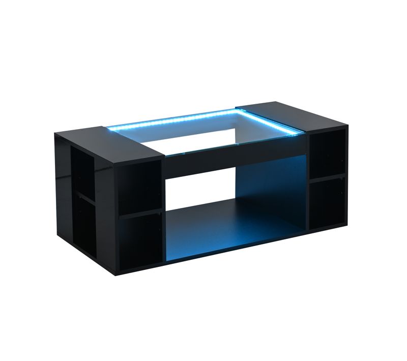 Table Basse Verre Moderne 100x50x40cm LED Table à Thé Compartiment Rangement Multiple Noir Brillant