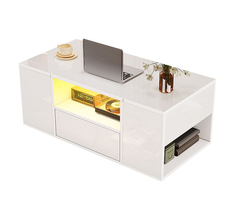 Table Basse Moderne 100x50x40cm LED 3 Compartiments Rangement 2 Compartiments Cachés 1 Tiroir Blanc