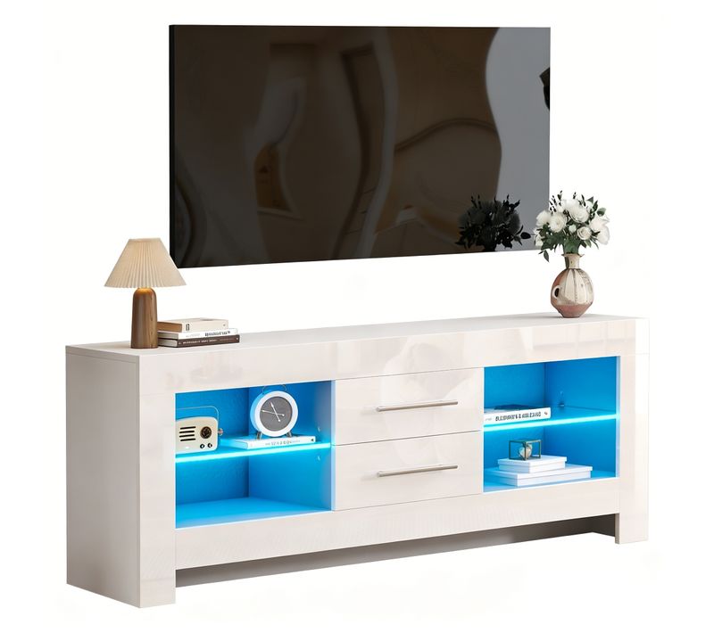 Meuble TV Moderne Blanc LED 130x35x50cm Etagère Verre 1 Tiroirs Buffet Bas Rangement Salon Chambre