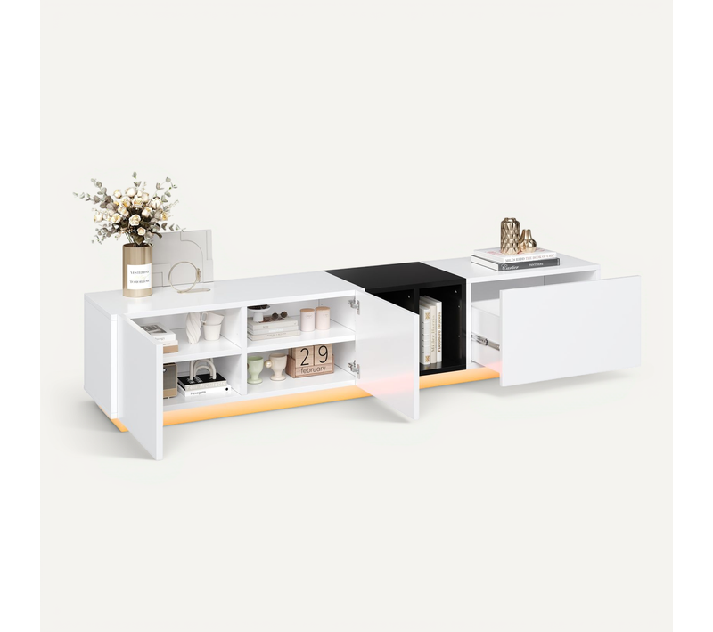 Meuble TV 190x40x35cm 2 Portes 1 Tiroir 1 Compartiment Rangement Armoire TV LED Salon Noir Blanc