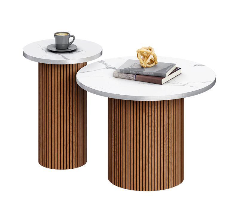 Table Basse Gigogne Lot De 2 Rond En Noyer Table D’appoint Meubles Salon Plateau Marbre