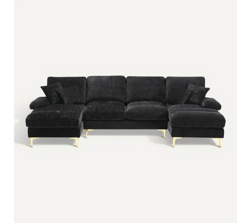 Grand Canapé 4 Places En Forme U,tissu Chenille,4 Coussins,scandinave Noir