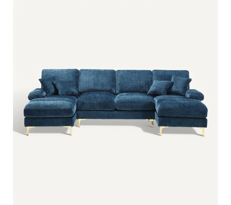 Grand Canapé 4 Places En Forme U,tissu Chenille,4 Coussins,scandinave Bleu