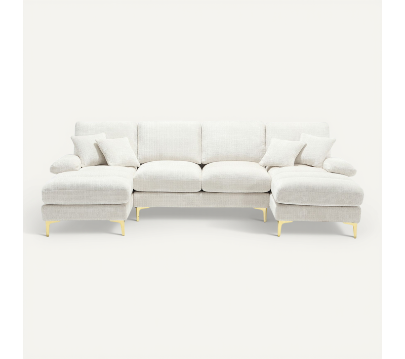 Grand Canapé 4 Places En Forme U,tissu Chenille,4 Coussins,scandinave Beige