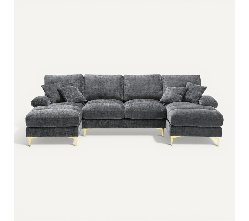 Grand Canapé 4 Places En Forme U,tissu Chenille,4 Coussins,scandinave Gris